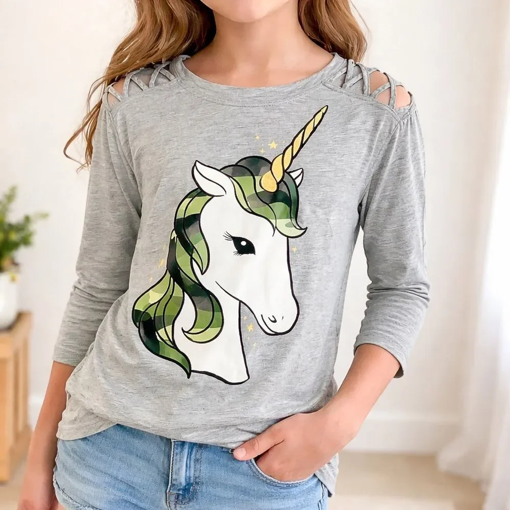 Justice Girls Size 14 Unicorn Graphic Crisscross Shoulder 3/4 Sleeve Top